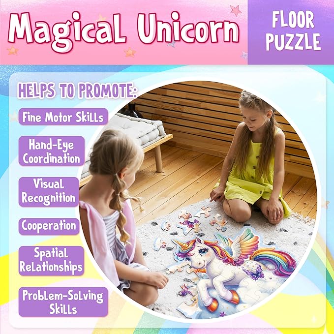 LINAYE Unicorn Puzzle for Kids Ages 4-6, Unicorn Floor Puzzles for Girls 4-6, 48 Pieces Large Puzzles for Toddlers Kids, Christmas Birthday Gifts Toys for 3 4 5 6 7 8 Year Old Girls