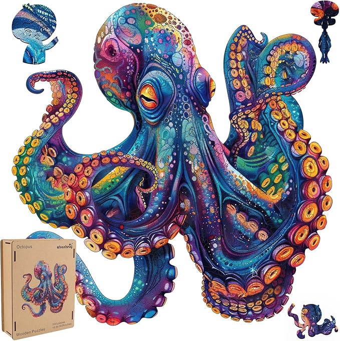 500 Piece Puzzles for Adults, Wooden Octopus Jigsaw Puzzles Royal Unique Shape Ocean Puzzle, Irregular Wood Puzzles Creative Gift for Adults and Kids Family Game (16.9x16.9 in)