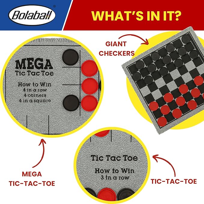Bolaball 3-in-1 Giant Checkers, Tic Tac Toe Jumbo Game, 26"x26", Reversible Carpet, Indoor Outdoor Yard Board Game for Family and Friends with 24 Chips