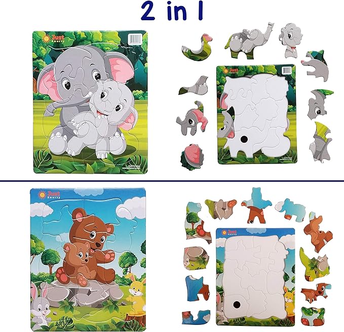 Just Smarty Preschool Jigsaw Puzzles for Kids Ages 3-5 Set of 2 | Fun Shapes 10 Pieces Elephant Puzzle and 11 Pieces Bear Puzzle with Tray | Toddler Puzzles Ages 3-5 | Preschool Puzzles Level 3