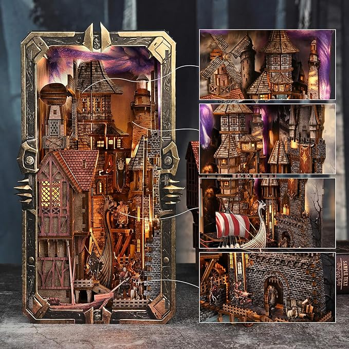 Book Nook Kit - DIY Miniature House Dollhouse Kit for Adults and Teens, Medieval Fantasy Viking Theme Bookshelf Decor 3D Wooden Puzzle Bookend, Gifts for Family, Friends (Voyage Through The Storm)