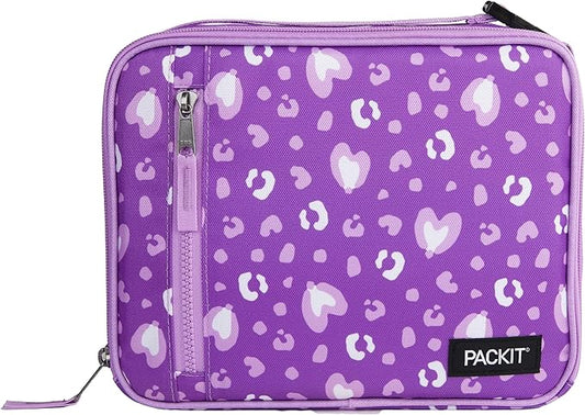 PackIt Freezable Classic Lunch Box, Leopard Hearts Purple, Built with ECOFREEZE Technology, Reusable, Zip Closure With Zip Front Pocket and Buckle Handle, Designed for Fresh Lunch On the Go