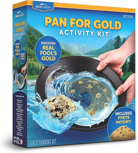 Blue Marble Gold Panning Kit for Kids - Learn to Pan for Gold, Includes Pay Dirt with Real Pyrite Specimens, Reusable Panning Pan, Vial, Tweezers & More