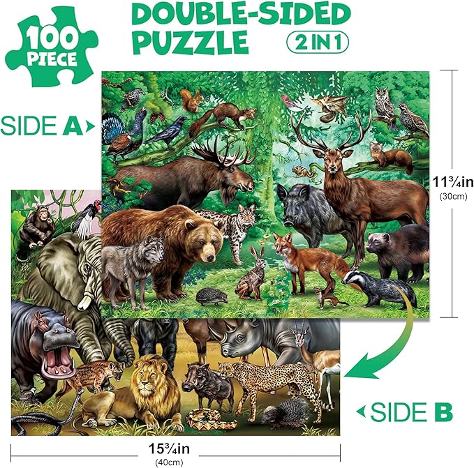 BenBen Puzzles for Kids Ages 4-6, Double Sided 100 Piece Puzzles for Kids, 2 in 1 Puzzle, Wild Animals, Learning Educational Jigsaw Puzzles Toys for Boys Girls (15.75” x 11.75”)