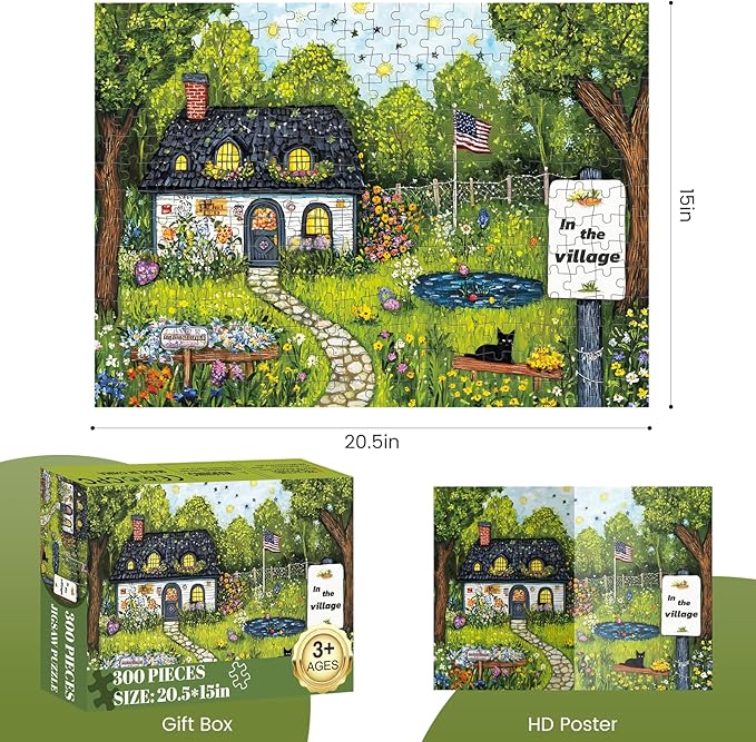 300 Piece Puzzles for Adults, Sunny Village 300 Piece Puzzle, Charming Countryside Flower Jigsaw Puzzles, Relaxing Gifts for Adults, Seniors and Kids, Finished Size 20.5” x 15”