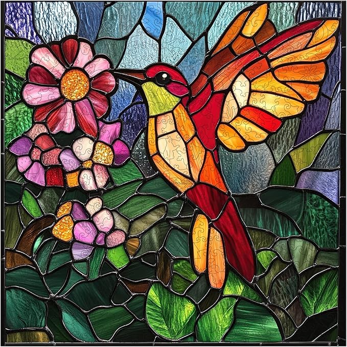 Wooden Puzzle for Adults, Stained Glass Hummingbird Jigsaw Puzzles 200 Piece, Unique Shapes Family Reunion Puzzle for Adults and Kids, Beautiful Package, Best Gift for Family Friends 11.4x11in
