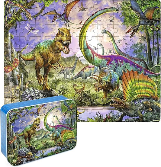 LELEMON Puzzles for Kids Ages 4-8,Dinosaur 100 Piece Puzzles for Kids,Educational Kids Puzzles Jigsaw Puzzles in a Metal Box,Children 100 Piece Puzzle Games Puzzle Toys for Girls and Boys