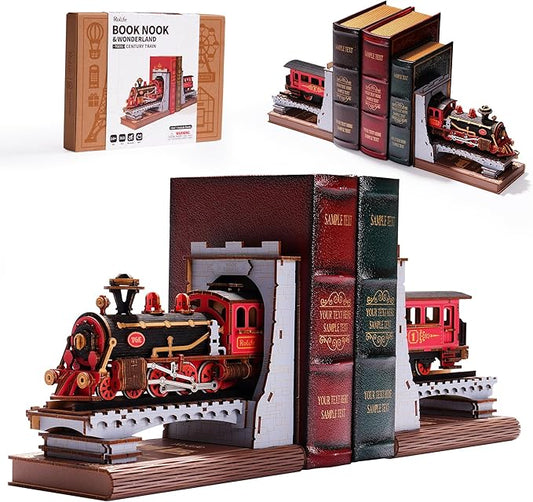 Rolife 3D Puzzles for Adults DIY Book Nook Kit Wooden VintageTrain Decorative Bookends 6.5" Model Building Kit Crafts for Adults Gifts for Boys Girls