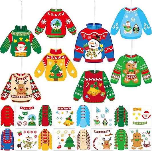 EZdhuawuse Christmas Ugly Sweaters Craft Kits - 123P Christmas Sweaters DIY Sticker Ornaments for Kids, Make Your Own Xmas Clothes Paper Crafts, DIY Hanging Ornaments Kits for School Home Activities