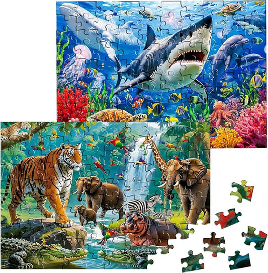 Puzzles for Kids Ages 4-6, 2 Pack 100 Pieces Jigsaw Puzzles for Kids 3-5 4-6 (Forest Animals and Ocean Life), Learning & Educational Games Beautiful Gift for Kid Toddlers 3-8