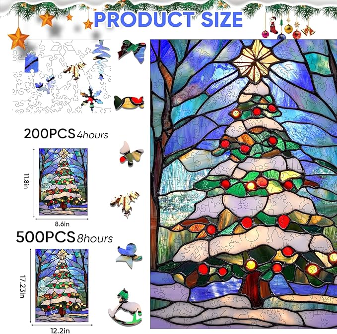 Wooden Puzzles for Adults, Christmas Tree Puzzles 498 Pieces, Unique Shaped Stained Glass Jigsaw Puzzles for Adults and Kids, Birthday Gifts Fun Challenge Family Game 17.3'' x 12.2''