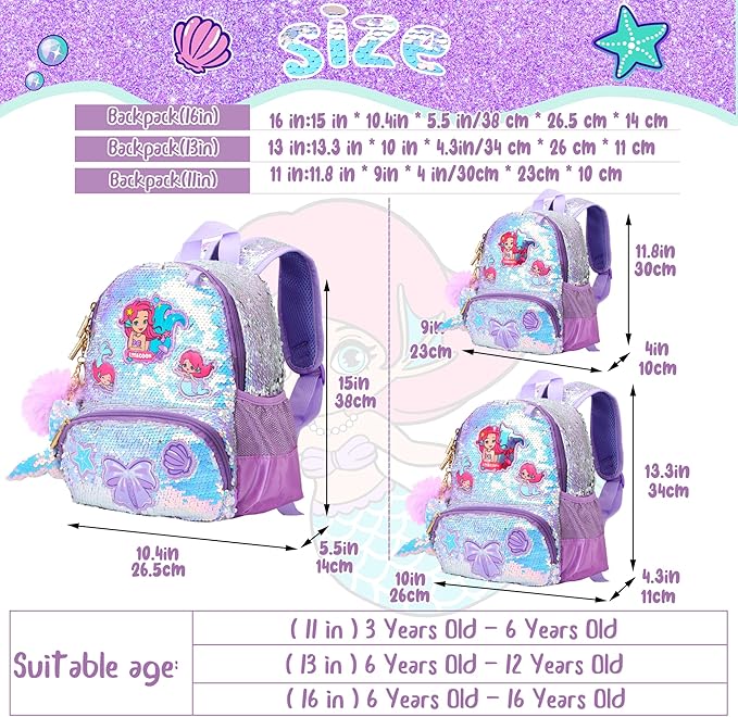 Mermaid Sparkly Sequin Backpack for little Girls Toddler,Cute Kids School Book Bag for Nursery Kindergarten Elementary,Back to School Easter Birthday Christmas Gifts for Girls