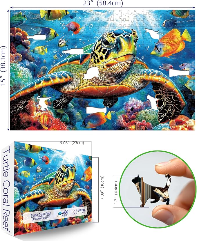 Blueforest Ocean 500 Piece Puzzles for Adults - Sea Turtle Conservation Jigsaw Puzzle, Recycled Panoramic Coral Reef Art & Challenging Family Activity (23"x15")