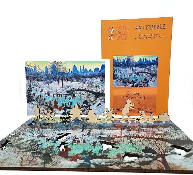 Wooden Puzzle for Adults - Uniquely Shaped Pieces - Made in The USA by FoxSmartBox - 180 Pieces - Skating in Central Park