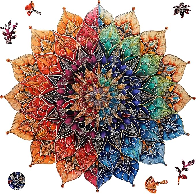 Colorful Mandala Wooden Puzzles for Adults, 500 Piece Unique Shaped Wood Jigsaw Puzzles for Adults and Kids, Fun Challenging Puzzles Family Game Gift, 16.5'' x 16.4''