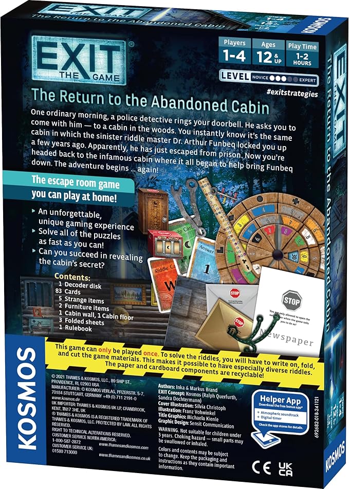 EXIT: The Return to The Abandoned Cabin | EXIT: The Game - A Kosmos Game | Family-Friendly, Card-Based at-Home Escape Room Experience | Collaborative for 1 to 4 Players, Ages 12+