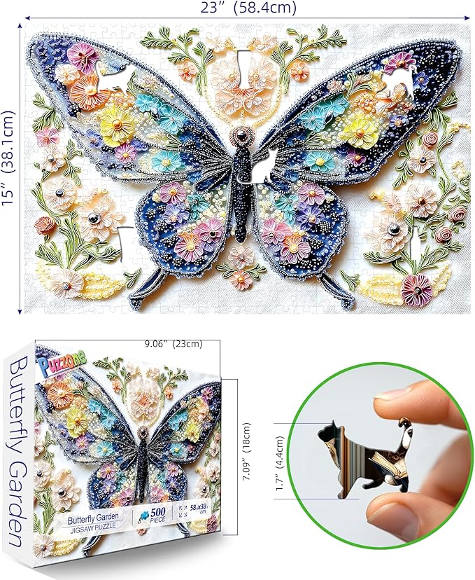 Beaded Butterfly 500 Piece Jigsaw Puzzle for Adults Colorful Beaded Floral Design Family Challenging Puzzle with Letters on Back Ideal for Seniors Home Decor Art (23"X15")