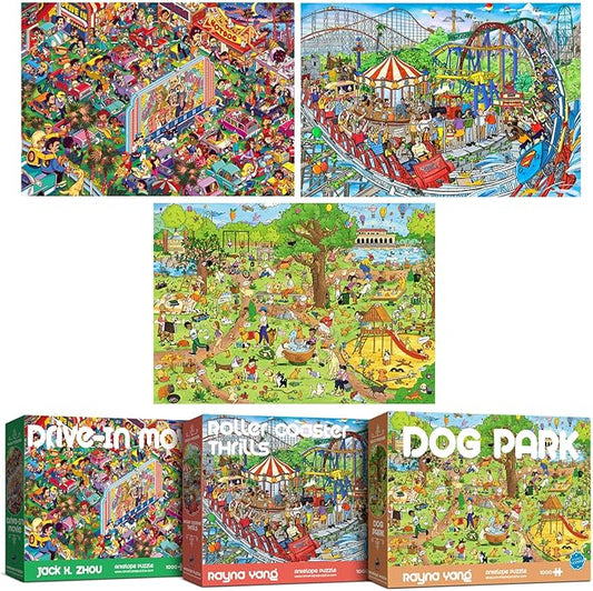 ANTELOPE 3 in 1 1000 Piece Puzzle Bundle - Dog Park, Drive in Movie, Roller Coaster - 1000 Piece Jigsaw Puzzle, Cartoon Style, 15 Years and Up
