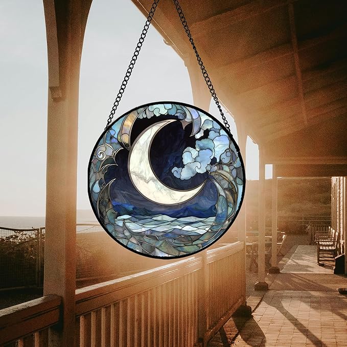 Stained Glass Window Hanging - Abstract Sea of Clouds Moon Sun Catcher for Door Terrace Garden Home Decor, Gray Blue Suncatcher Birthday Gifts for Lovers Women Men Dad Mom Nana 9.8 in