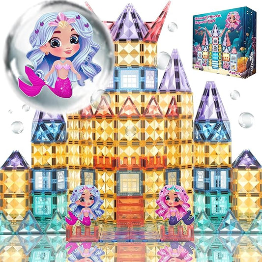 Little Pi Mermaid Princess Magnetic Building Blocks Castle - Magnet Tiles Doll House - Educational Stem Playset Toddler Toys - Birthday Gift for Kids Age 3 4 5 6 7 8 Year Old Girls & Boys