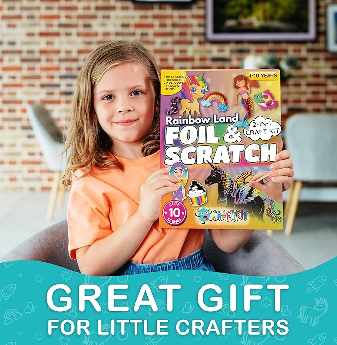 Craftikit ® Rainbow Land Foil Art & Scratch Art for Kids- 2-in-1 Arts and Crafts Kit for Kids Ages 4-10 - Rainbow Crafts for Girls Ages 4, 5, 6, 7, 8, 9, 10