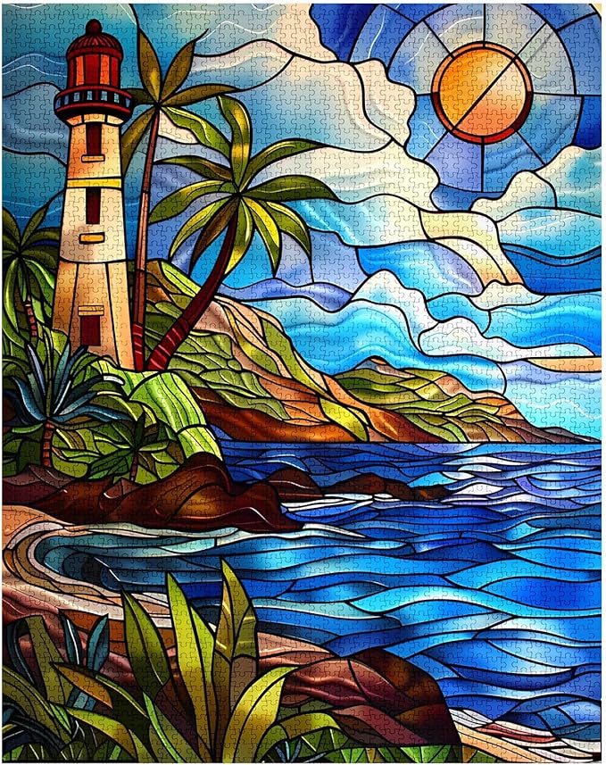 Jigsaw Puzzles 1000 Pieces for Adults-Lighthouse Glass Style Seaside Puzzle-Challenging Puzzle Perfect for Game Nights-DIY Home Wall Decor-Art Puzzles Colorful Stained Glass Lighthouse 27" x 20"