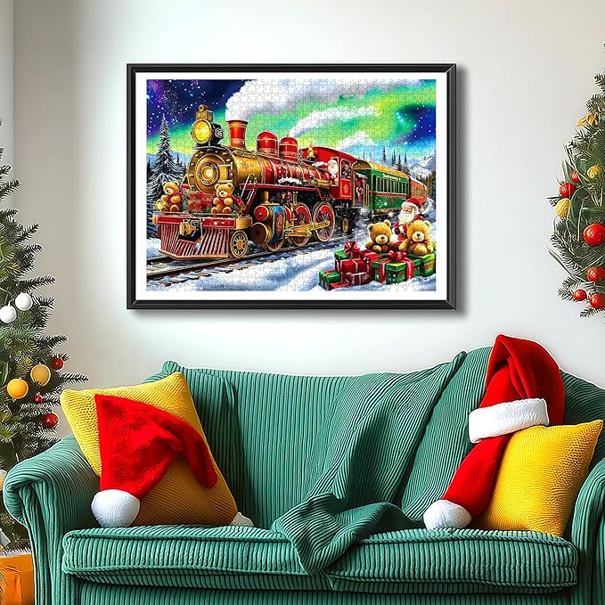 Blueforest Christmas Train Puzzles for Adults 1000 Pieces - 27.5x19.7 Inches Holiday Train Scene with Aurora & Santa Jigsaw Puzzle, Challenging Art Puzzle Home Decor