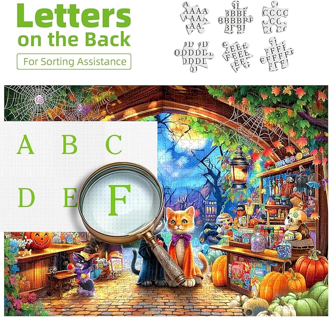 Halloween Cat Candy Shop 1000 Piece Jigsaw Puzzle for Adults Spooky Horror Puzzle with Ghosts Pumpkins Moonlit Night Scary Haunted Creepy Kittens Puzzle Fun Game Night(27.6" x 19.7")