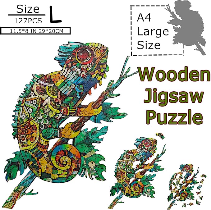 Wooden Jigsaw Puzzle for Adults,Unique Chameleon Animals Shaped Magic Jigsaw Puzzle Pieces Best Gift for Adults,Can be Used as a Cool Mouse Pad, 127pcs,(11.5x8 inches) Large…