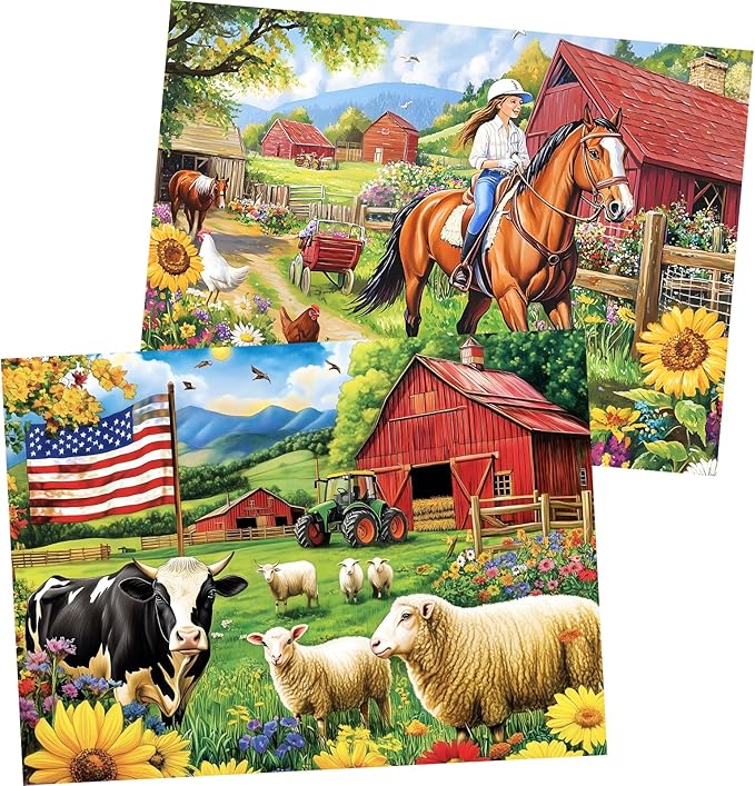 2 Pack 500 Pieces Puzzle for Adults, US Country Life Farm Puzzle for Adults Kids Seniors, Horse Cow Tractor Flower Jigsaw Puzzles 500 Pieces, Colorful Challenging Puzzles Family Game Gift 20.5 * 15