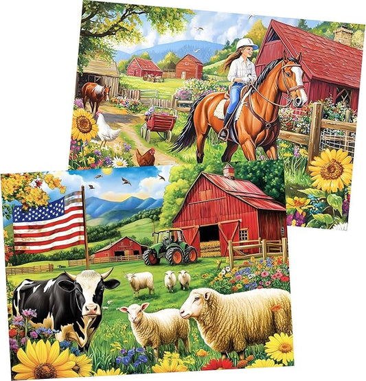 2 Pack 500 Pieces Puzzle for Adults, US Country Life Farm Puzzle for Adults Kids Seniors, Horse Cow Tractor Flower Jigsaw Puzzles 500 Pieces, Colorful Challenging Puzzles Family Game Gift 20.5 * 15