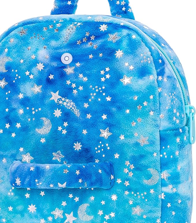 Gloveleya Toddler Backpack Baby Girl Gifts Plush Curly Girl Doll Backpacks Blue Dress with Glitter Stars 9 inches