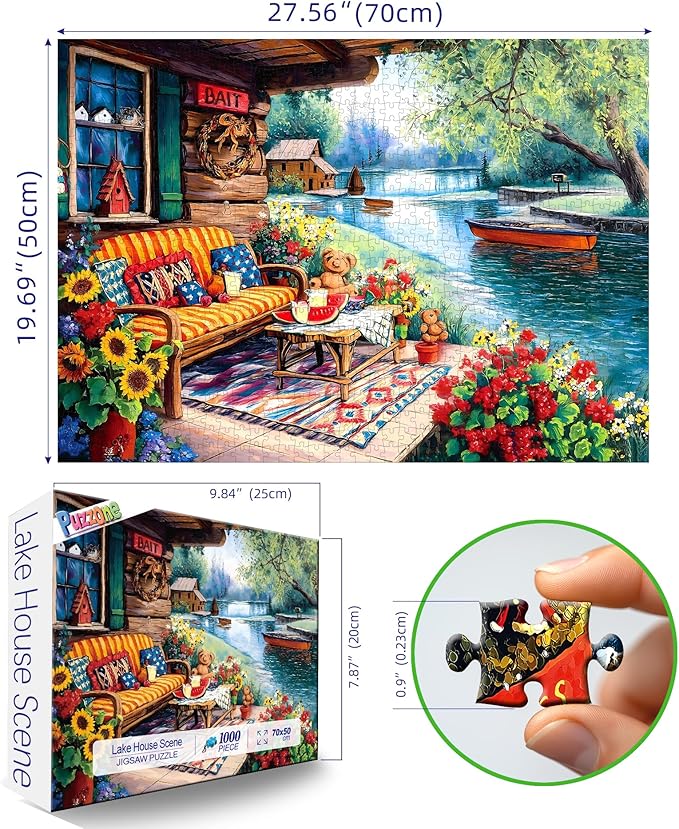 Lake House 1000 Piece Puzzle for Adults Summer Lakeside Retreat Jigsaw Puzzle Cozy Cabin Dock Sunflowers Boat Beautiful Landscape Challenging Adult Puzzles for Game Night (27.6"x19.7")