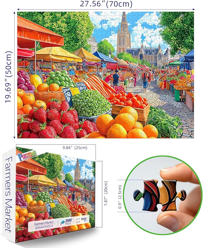 Farmers Market 1000 Piece Jigsaw Puzzle for Adults Colorful Fruit Stand Scene with Letters on Back Fun Cathedral Landscape Puzzle Games for Adults Game Night