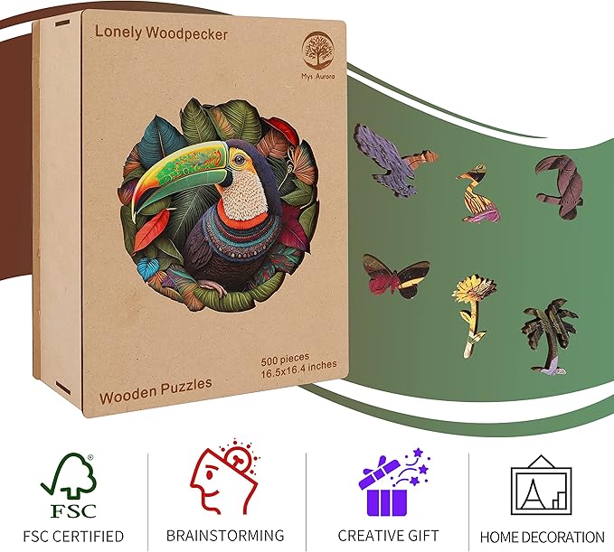 Mys Aurora Unique Wooden Jigsaw Puzzles - Mandala Parrot, 500 Pcs King Size 16.5'' x 16.4'', Luxurious Shaped Wood Puzzle, Beautiful Package, Best Gift for Adults and Kids, Family Game