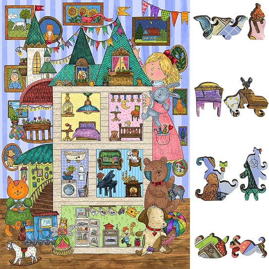 Wooden Jigsaw Puzzle for Adults - Uniquely Shaped Pieces - Made in The USA by FoxSmartBox - 440 Pieces - Amusing House