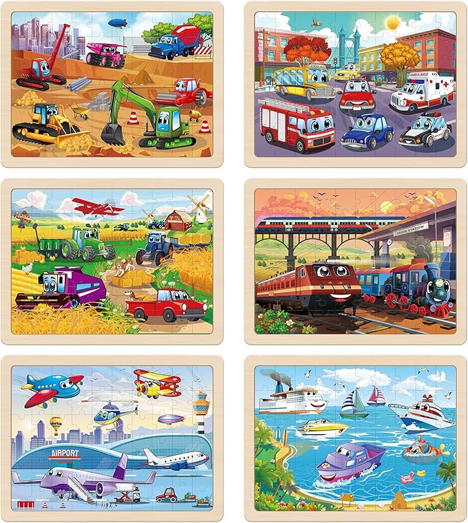 SYNARRY Wooden Vehicle Puzzles for Kids Ages 4-6, 6 Packs 60 PCs Jigsaw Puzzles Preschool Educational Toys Gifts for Children Ages 4-8, Kids Toys Gifts for 4+ Year Olds Boys Girls