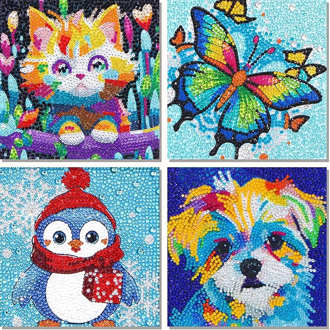 Libfx Diamond Art Kits for Kids 4 PCS Diamond Art for Girls Boys Beginners Arts and Crafts for Kids Ages 8-12 (Cartoon Cat-Penguin)