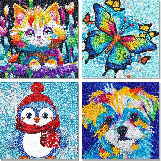 Libfx Diamond Art Kits for Kids 4 PCS Diamond Art for Girls Boys Beginners Arts and Crafts for Kids Ages 8-12 (Cartoon Cat-Penguin)