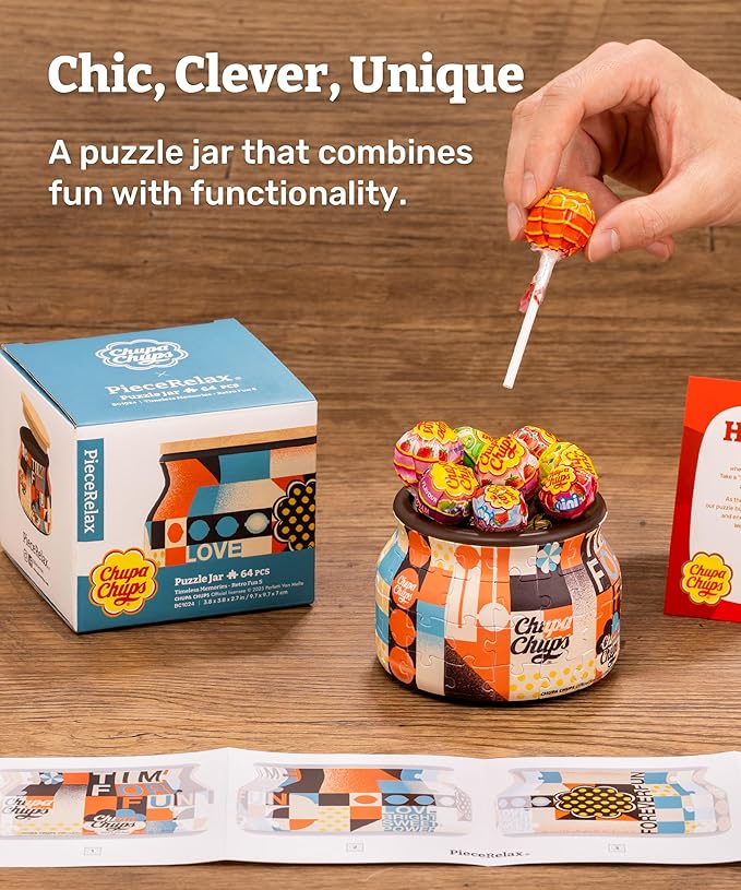 Chupa Chups X PieceRelax 3D Puzzle Jar 64 Plastic Pieces for Adults - Timeless Memories - Retro Fun S Wooden Lid Container for Kitchen Dining Study Living Room No Glue Requied Small [BC1024]