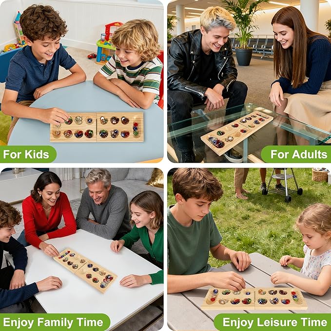 Mancala Board Game Set, Portable Travel Wooden Folding Set, Fun Table Games for Kids Adults Family Night, 48 Multi Color Glass Stones, Birthday, 2 Players Games