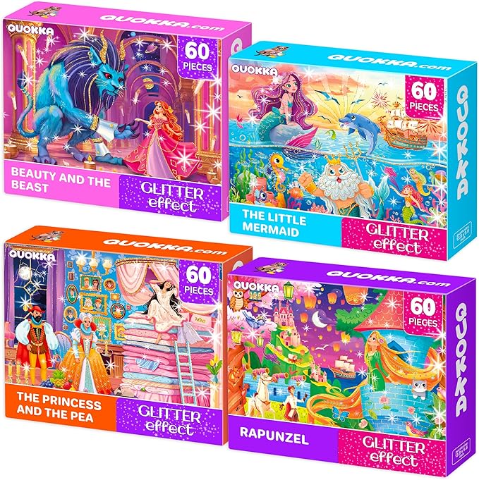 QUOKKA Puzzles for Kids Ages 4-6 – 4-Pack 60-Piece Puzzles for Kids – Fairy Tale Jigsaw Puzzle Set with Princess – Quiet Time Toys for Preschoolers – FSC Certified Learning Toy – Gift for 5 Year Olds