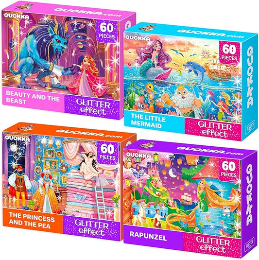 QUOKKA Puzzles for Kids Ages 4-6 – 4-Pack 60-Piece Puzzles for Kids – Fairy Tale Jigsaw Puzzle Set with Princess – Quiet Time Toys for Preschoolers – FSC Certified Learning Toy – Gift for 5 Year Olds