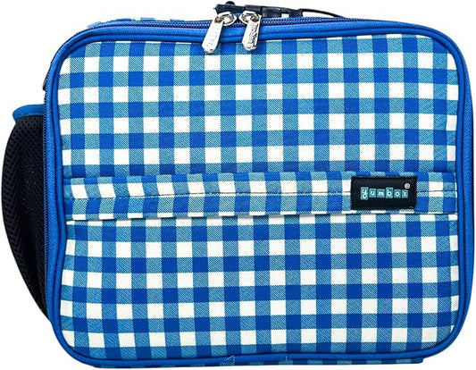Yumbox Kids Lunch Bag, Holds Lunch Box and Water Bottle, 3 Ways to Carry, Zip Closure, Inside Zipper Netting, Wipe Clean Fabric with EVA lining for extra insulation (Vichy Blue)