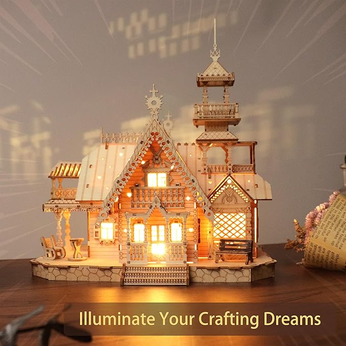 Vintage Villa 3D Wooden Puzzle,Building Kits for Adults and Teens,Educational Brain Teaser Assembly Model with LED Lights,Skill Building and Creative Fun