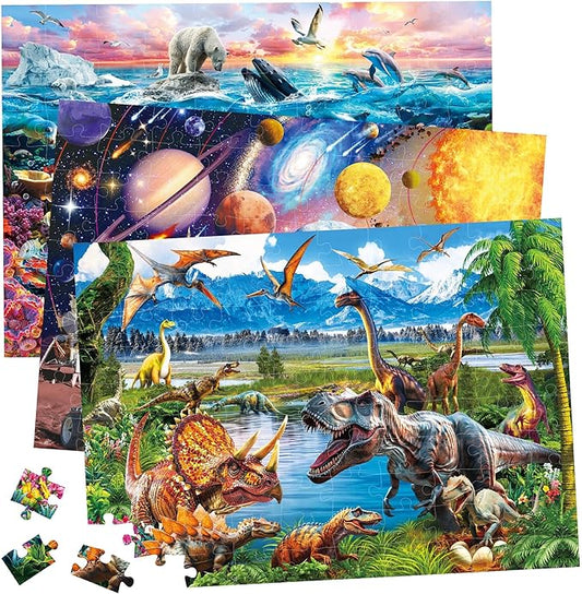 BenBen Puzzles for Kids Ages 4-6, 3 Pack 100 Pieces Large Puzzles for Toddlers 3-5 (Dinosaurs, Outer Space, Ocean Life), Learning & Educational Games for Kids 6-8, 19.75” x 13.75”