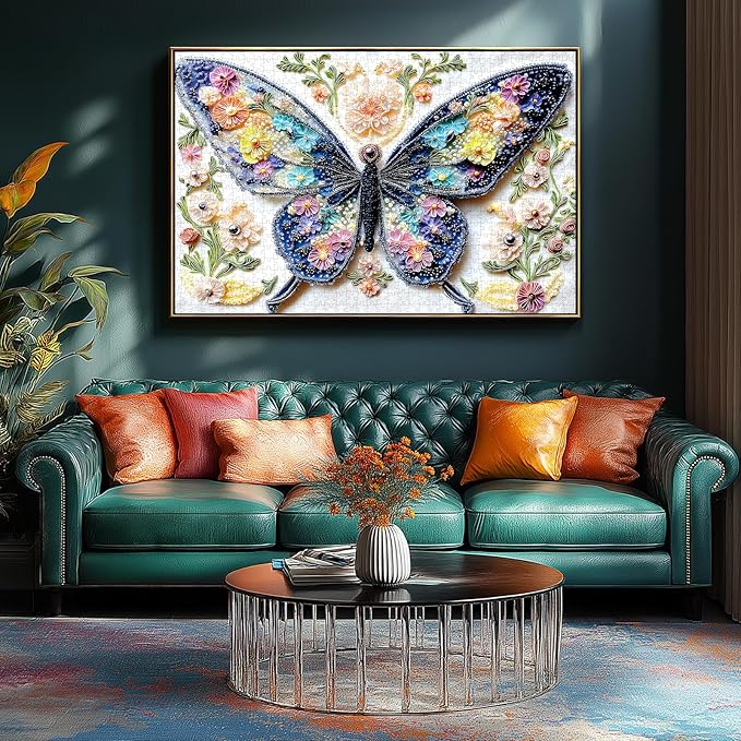 Beaded Butterfly 500 Piece Jigsaw Puzzle for Adults Colorful Beaded Floral Design Family Challenging Puzzle with Letters on Back Ideal for Seniors Home Decor Art (23"X15")