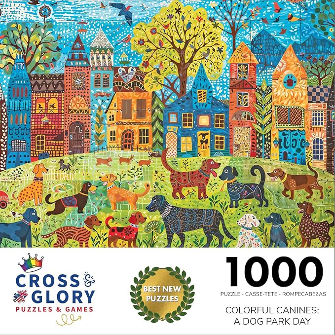 Cross & Glory - Colorful Canines: A Dog Park Day - 1000 Piece Folk Art Style Jigsaw Puzzle for Adults | Vibrant City Scene with Playful Pups | Perfect for Dog Lovers