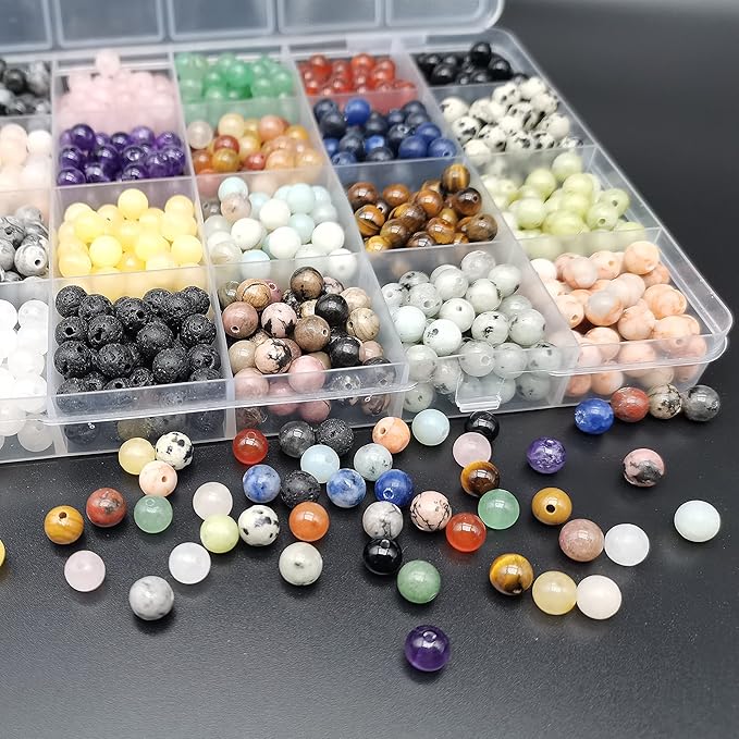 1200pcs Natural Stone Beads Crystals Round Genuine Real Stone Beading Loose DIY Gemstone for Bracelet Jewelry Making(6mm,24 Color S3)