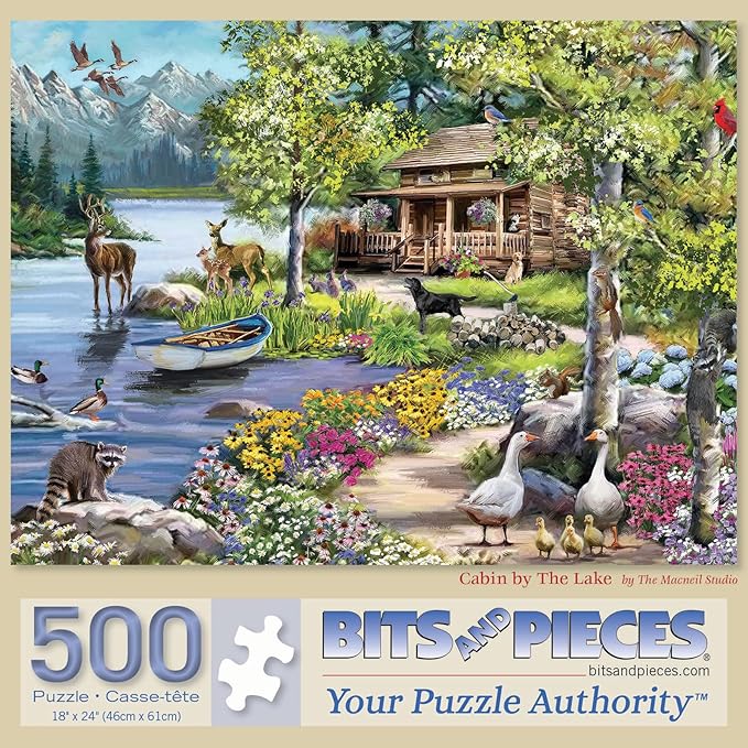 Bits and Pieces – 500 Piece Jigsaw Puzzle for Adults – Cabin by The Lake - Lake Mountain Flower Duck Moose Deer Tree Bird Nature Jigsaw Puzzle by Artist The Macneil Studio